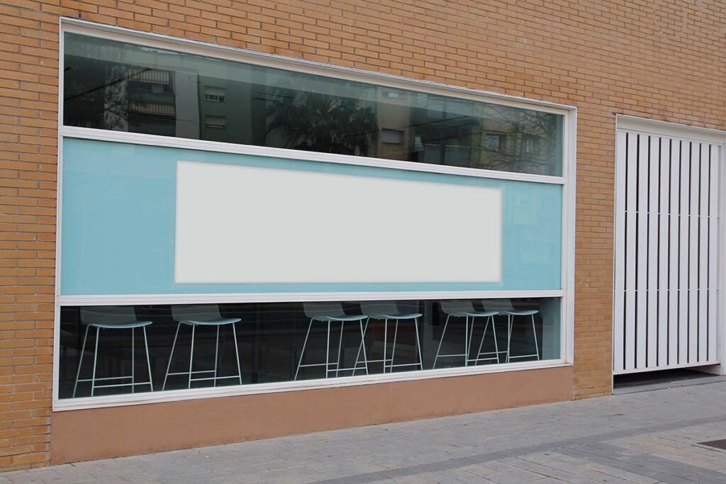 Escritório com vitrine em branco e outdoors vazios ilustrando a matéria do STF sobre penhora de bem do fiador.